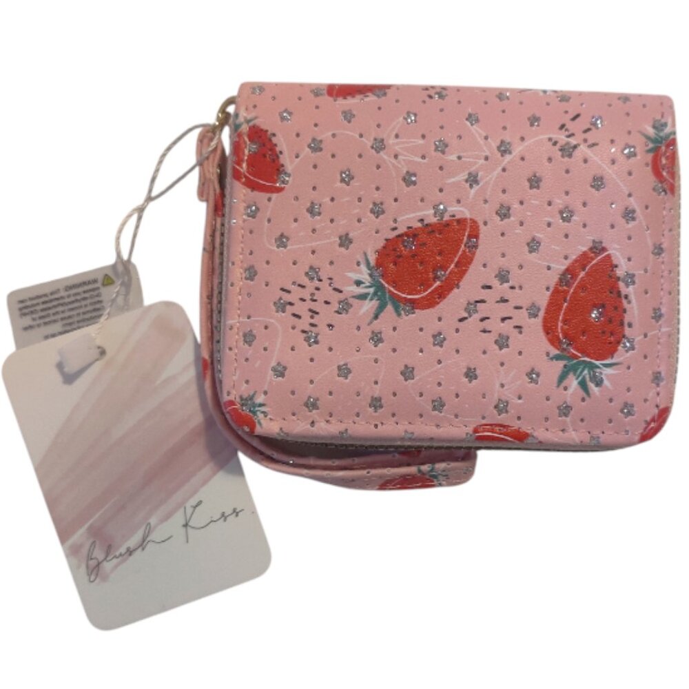 Blush Kiss Small Wristlet Wallet with Strawberries and Silver Stars NWT